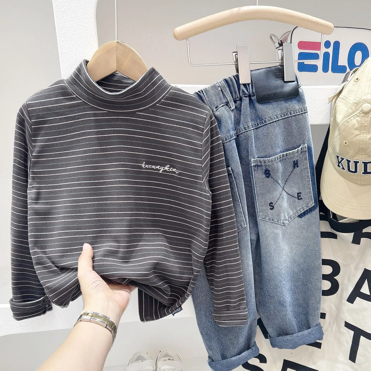 Camisetas de Otoño Invierno para niños, camisetas de manga larga con cuello medio alto a rayas para niñas y niños, ropa informal para niños - imagen 2