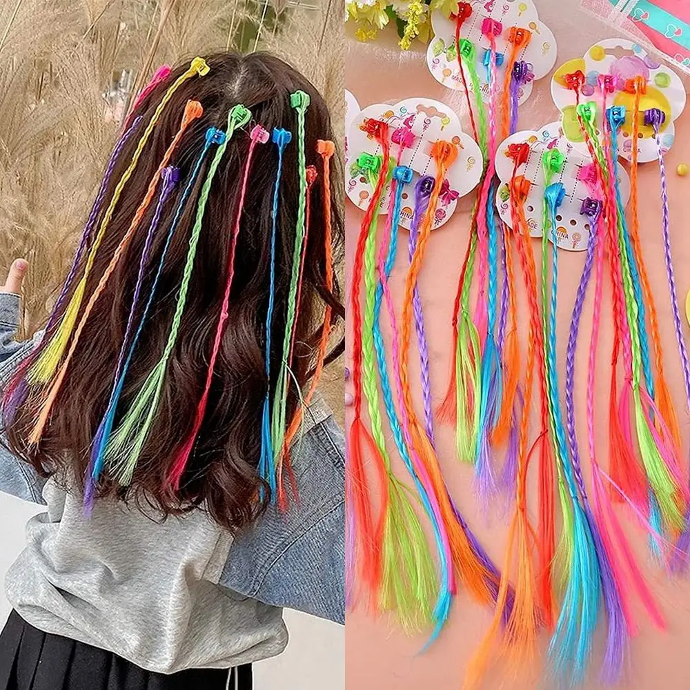 Postizos de cola de caballo trenzados de arcoíris, accesorios para el cabello, trenzas coloridas, extensiones de cabello con pinzas para el cabello para niñas