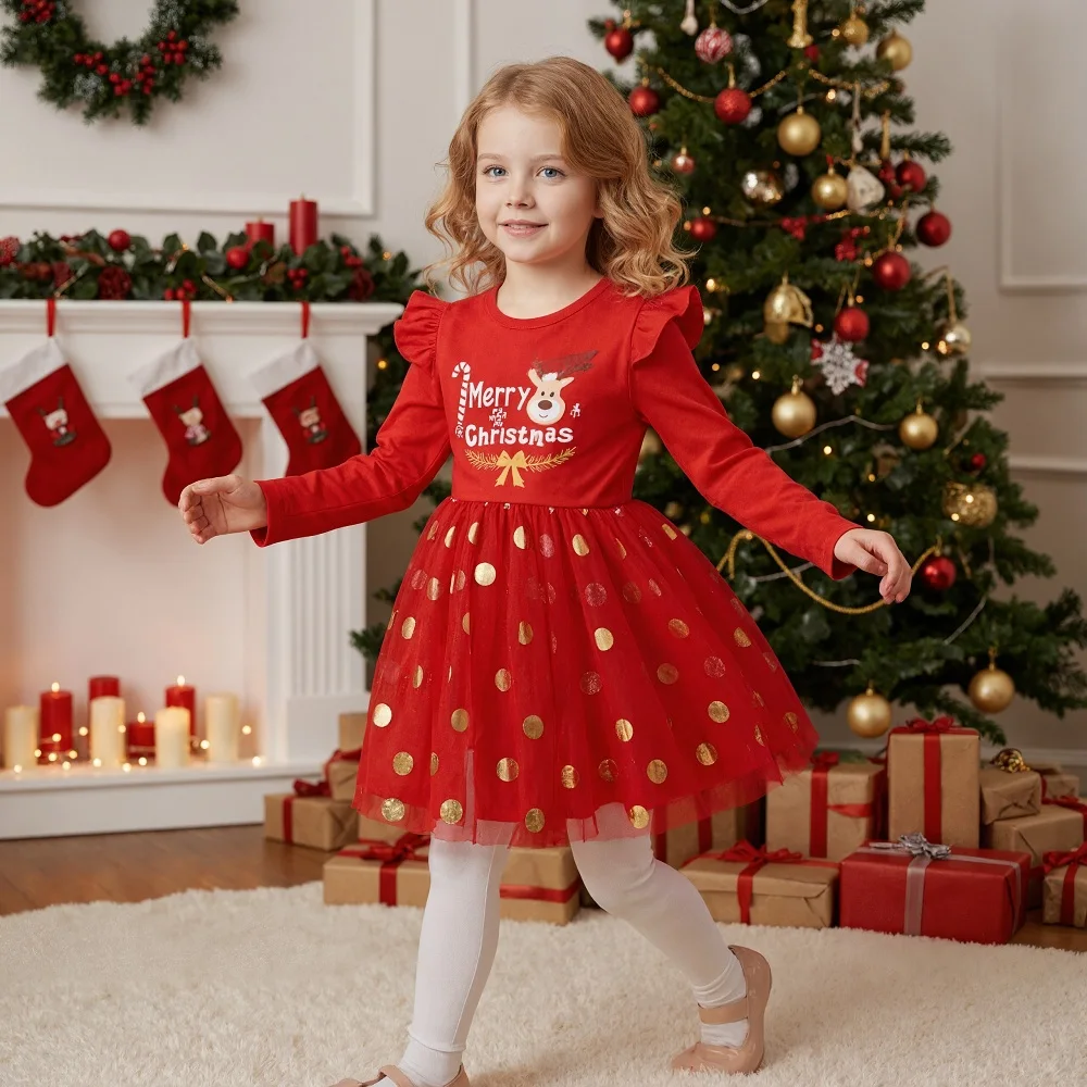 Vestido de Navidad para niñas, vestido de princesa de manga larga, trajes para niñas pequeñas, vestido de tul para fiesta de año nuevo