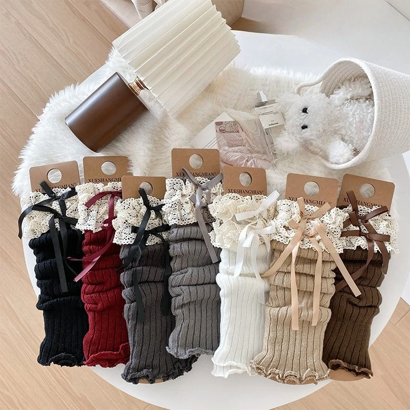 Calentadores de piernas con lazo para niñas JK Lolita, medias largas Harajuku, calcetines de punto dulces, calentador de pies Kawaii de Color sólido para niños y niñas - imagen 2