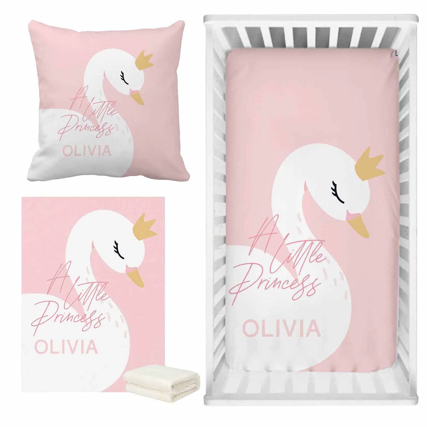 LVYZIHO-juego de sábanas de cuna de cisne rosa, juego de cama con nombre personalizado, regalo para Baby Shower