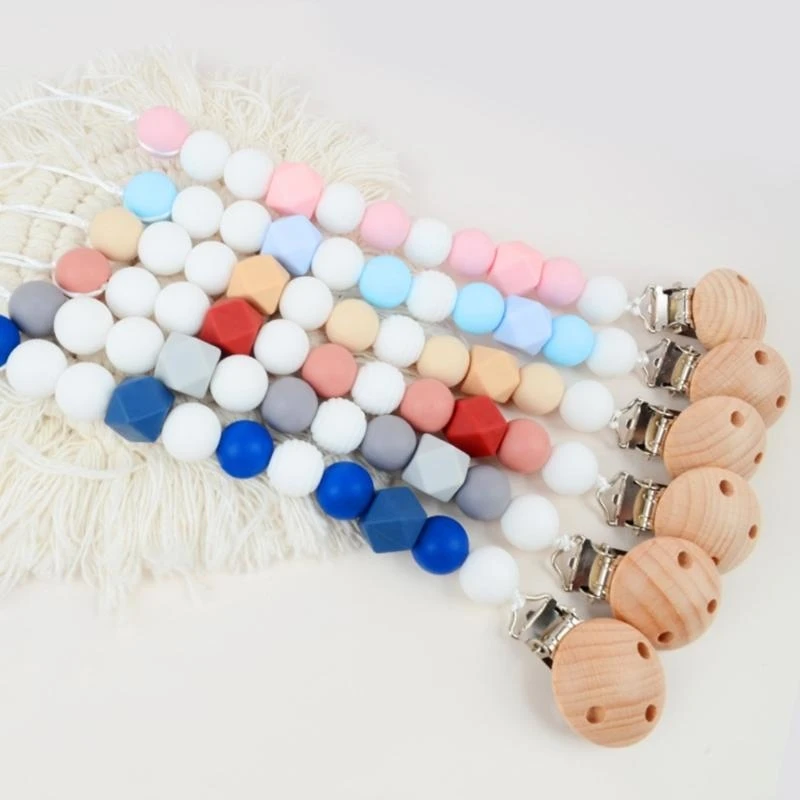 Cadena para chupete bebé M76C, juguete mordedor madera haya, cadena dentición hecha a mano para recién nacido