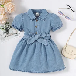 Vestido vaquero para niña – Manga de burbuja con cinturón