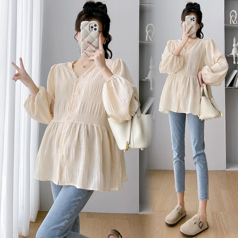 Blusa premamá de algodón con cuello V – Túnica holgada para embarazo - imagen 3