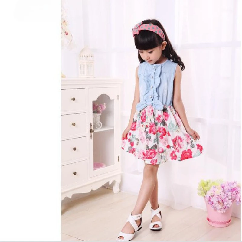 Nuevo vestido de verano de estilo coreano para niñas, bonito vestido Midi vaquero de mezcla de algodón con estampado Floral, falda sin mangas fresca y transpirable - imagen 4