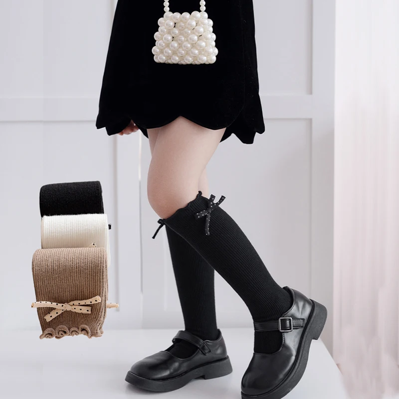 Calcetines de media pantorrilla para niñas, medias de princesa con lazo de lunares y volantes, talla única, 38CM, calcetines a juego con cinta, primavera 2026