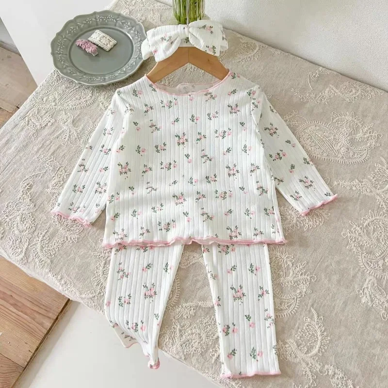 Ropa de dormir Floral bonita para niña, pijama de algodón suave con estampado estético de flores, conjunto de Tops y pantalones para niña, ropa de dormir bonita de moda - imagen 2