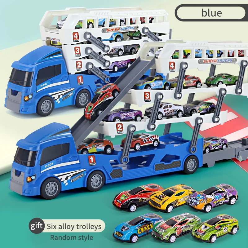 blue truck  six cars