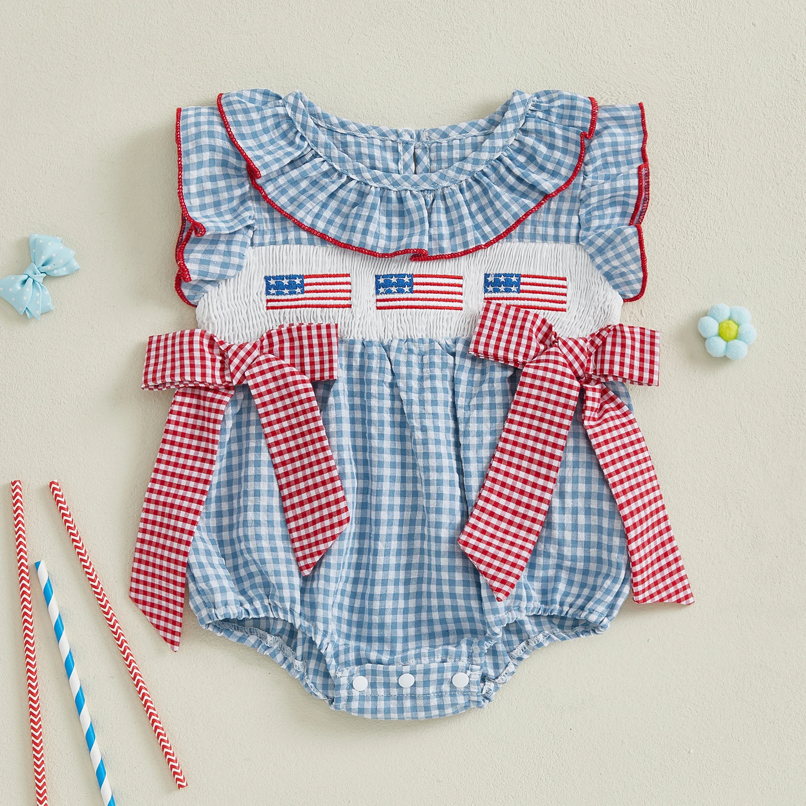 SUNSIOM 0-24 meses bebé niña 4 de julio mameluco bandera americana bordado a cuadros volantes ribete manga voladora mono recién nacido