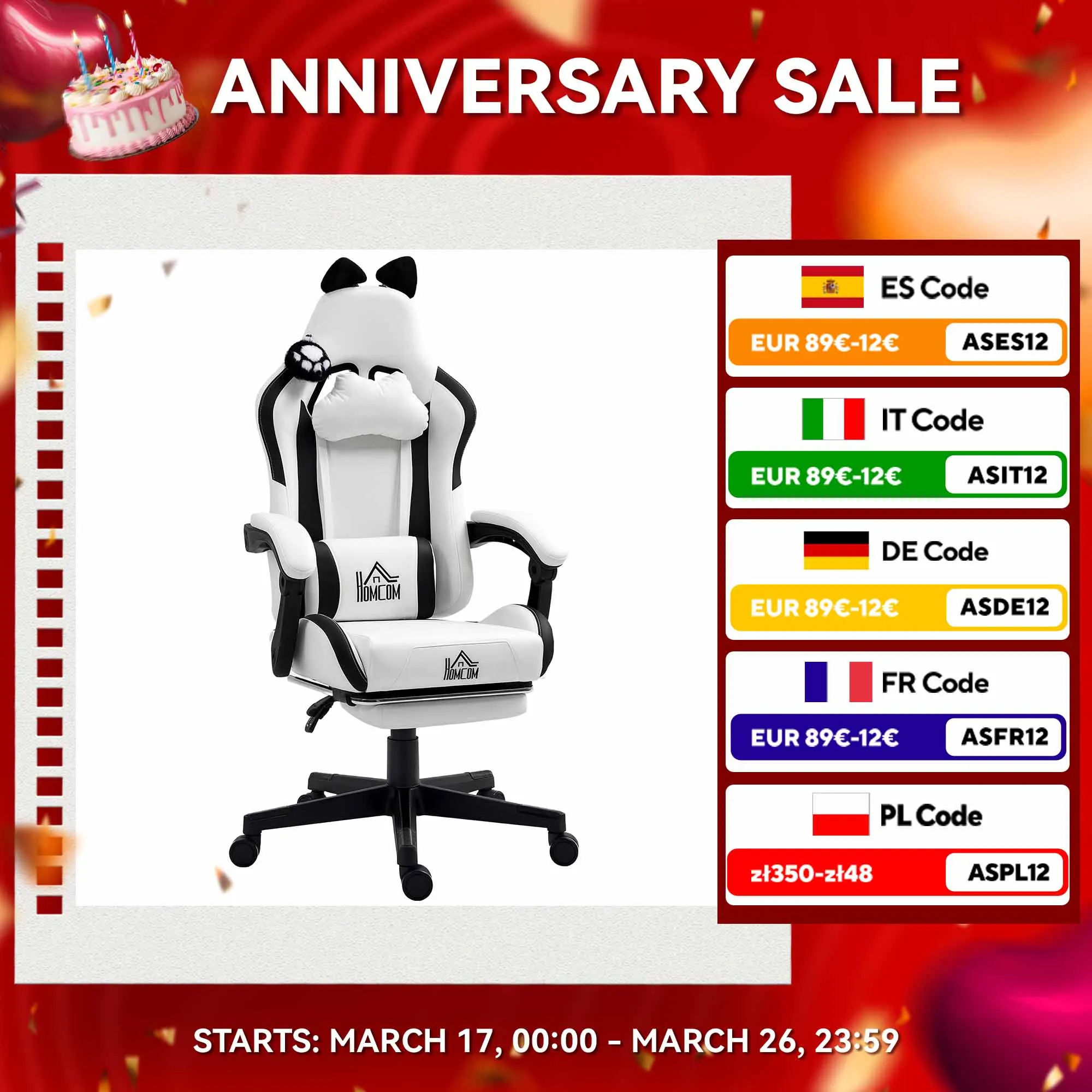 HOMCOM Silla Gaming con Orejas Silla Gamer Reclinable con Altura Ajustable Reposapiés Retráctil Soporte Lumbar y Reposacabezas Desmontable Silla para Oficina Estudio