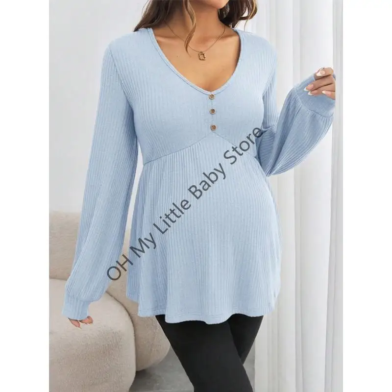 M76C Blusa elástica maternidad con cuello en V, camisa manga larga para embarazo, tela transpirable, diseño holgado para - imagen 4