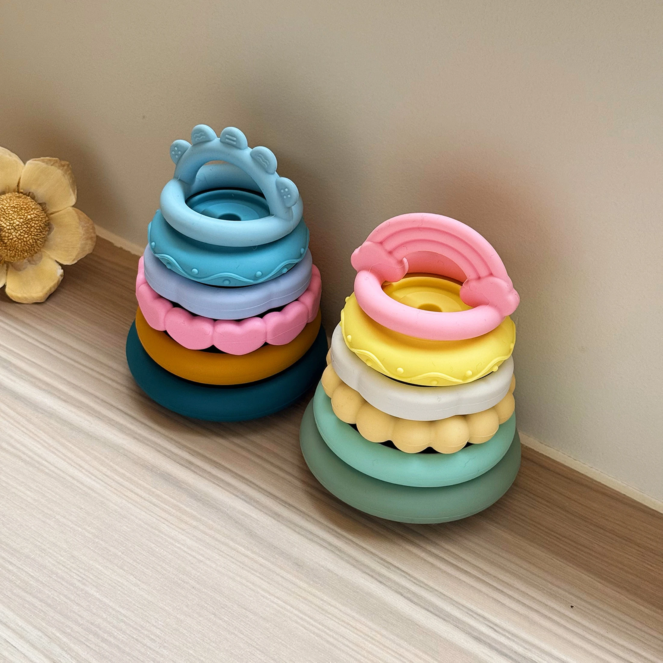 1 Juego de bloques de apilamiento de silicona para niños, juguete mordedor sin BPA, construcción suave, juguetes Montessori para bebés de 0 a 12M, juguete para masticar seguro - imagen 2