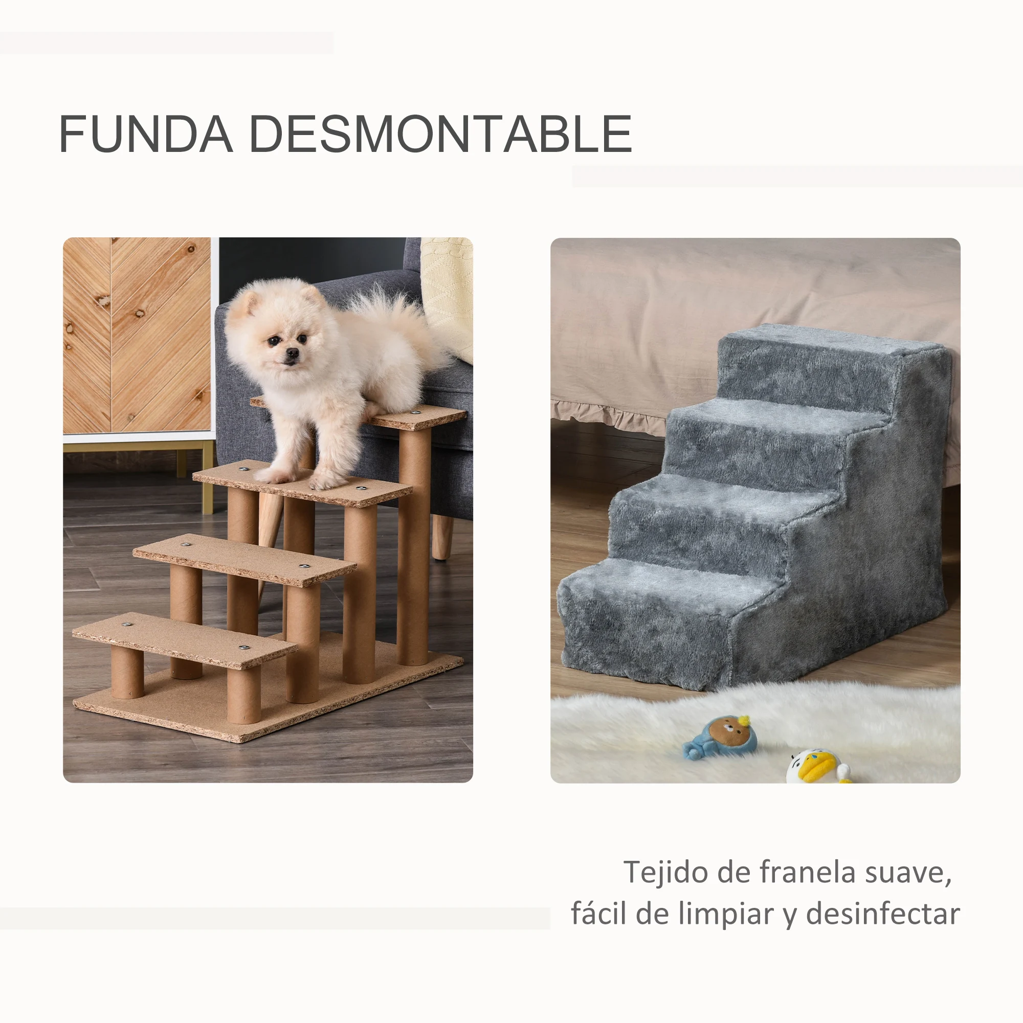 PawHut Escalera para Mascotas de 4 Peldaños 2 en 1 con Funda Extraíble y Lavable Escalera Rascadora de Perros Gatos para Cama Sofá Carga 30 kg 60x35x44 cm Gris - imagen 5