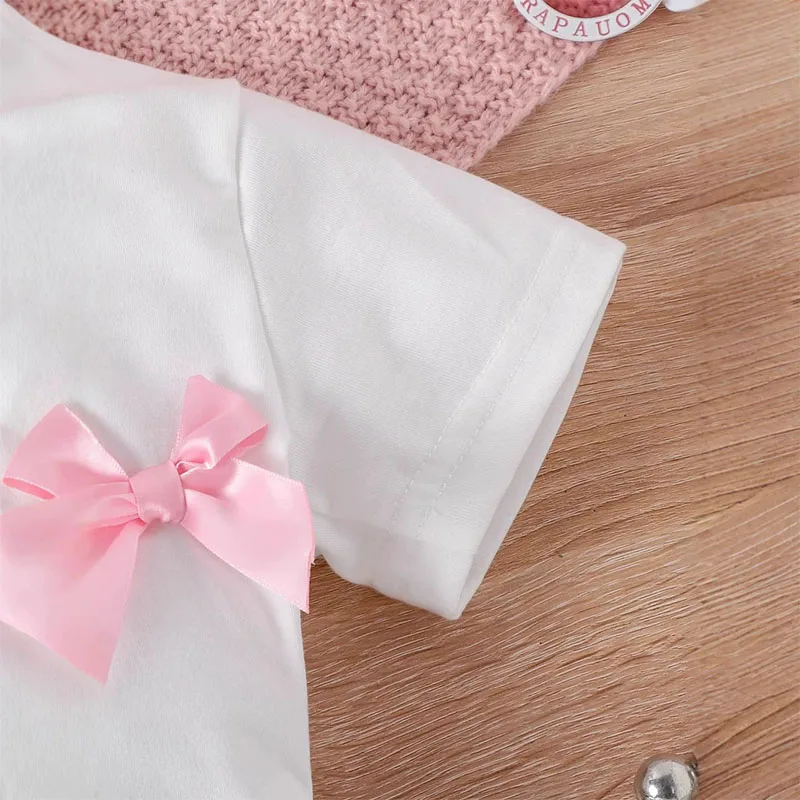 Conjuntos de 2 piezas de ropa de verano para niño niña, camisetas coreanas de manga corta con bonito lazo blanco para bebé + pantalones cortos de mezclilla, ropa de Boutique para niños B055 - imagen 5