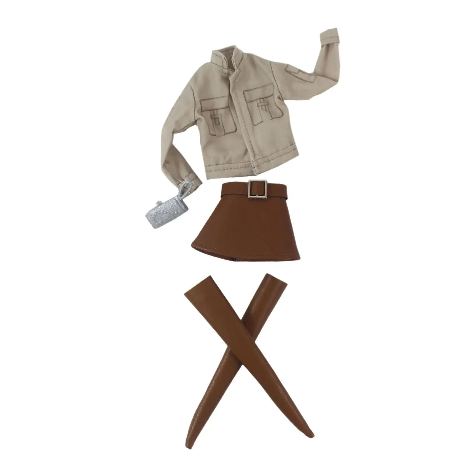 30cm BJD Doll Clothes Khaki Work Jacket Skirt Doll Suit Handmade with Long Boots Wallet Doll Accessories 1/6 BJD Dolls Clothing