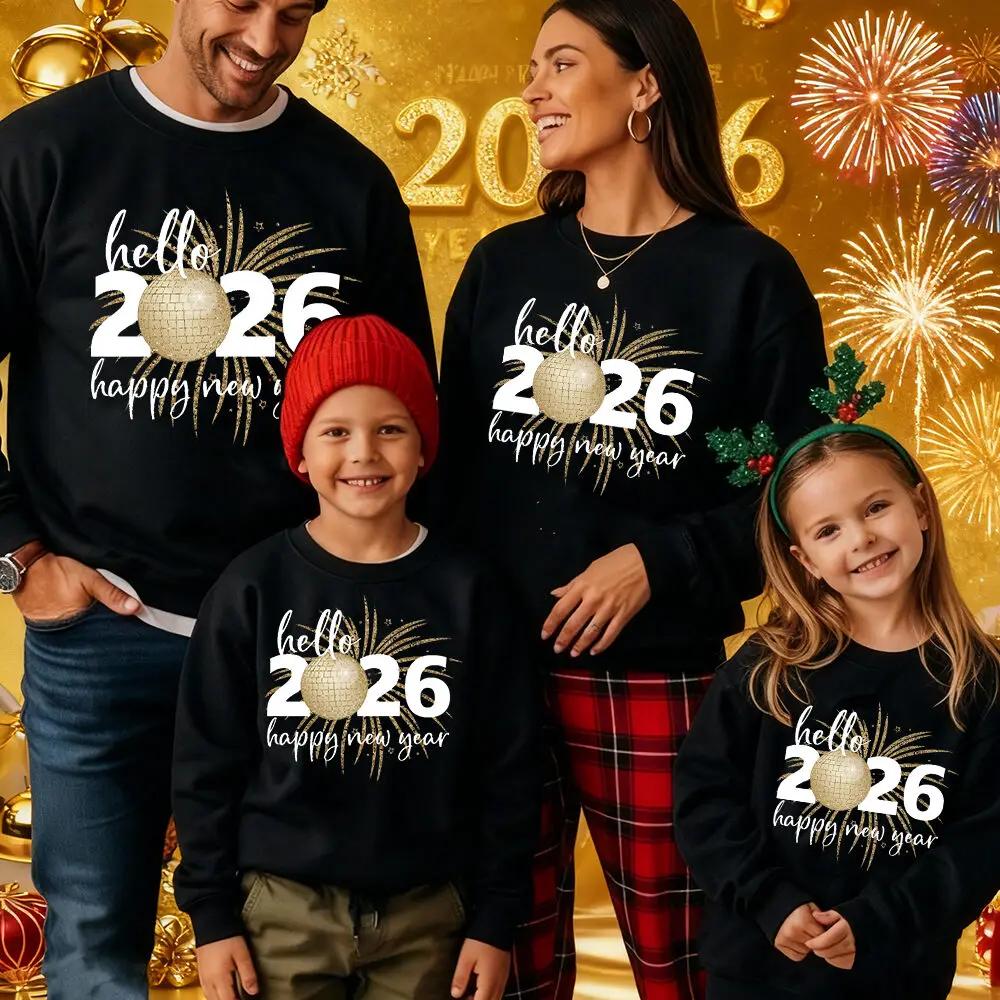 Hola 2026 Feliz Año Nuevo familia sudaderas a juego trajes Feliz Año Nuevo papá mamá niños suéteres Año Nuevo aspecto familiar - imagen 2