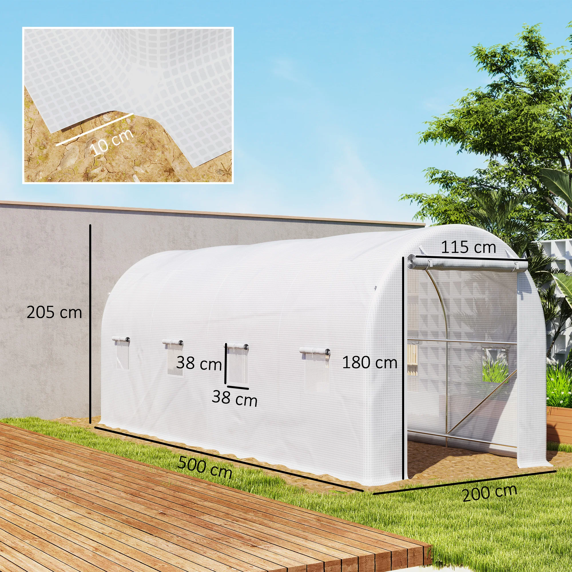 Outsunny Invernadero de Túnel 500x200x205 cm Invernadero de Jardín con Puerta Enrollable y 8 Ventanas Cubierta PE 140 g/m² Marco de Metal para Cultivo Plantas Verduras Blanco - imagen 3