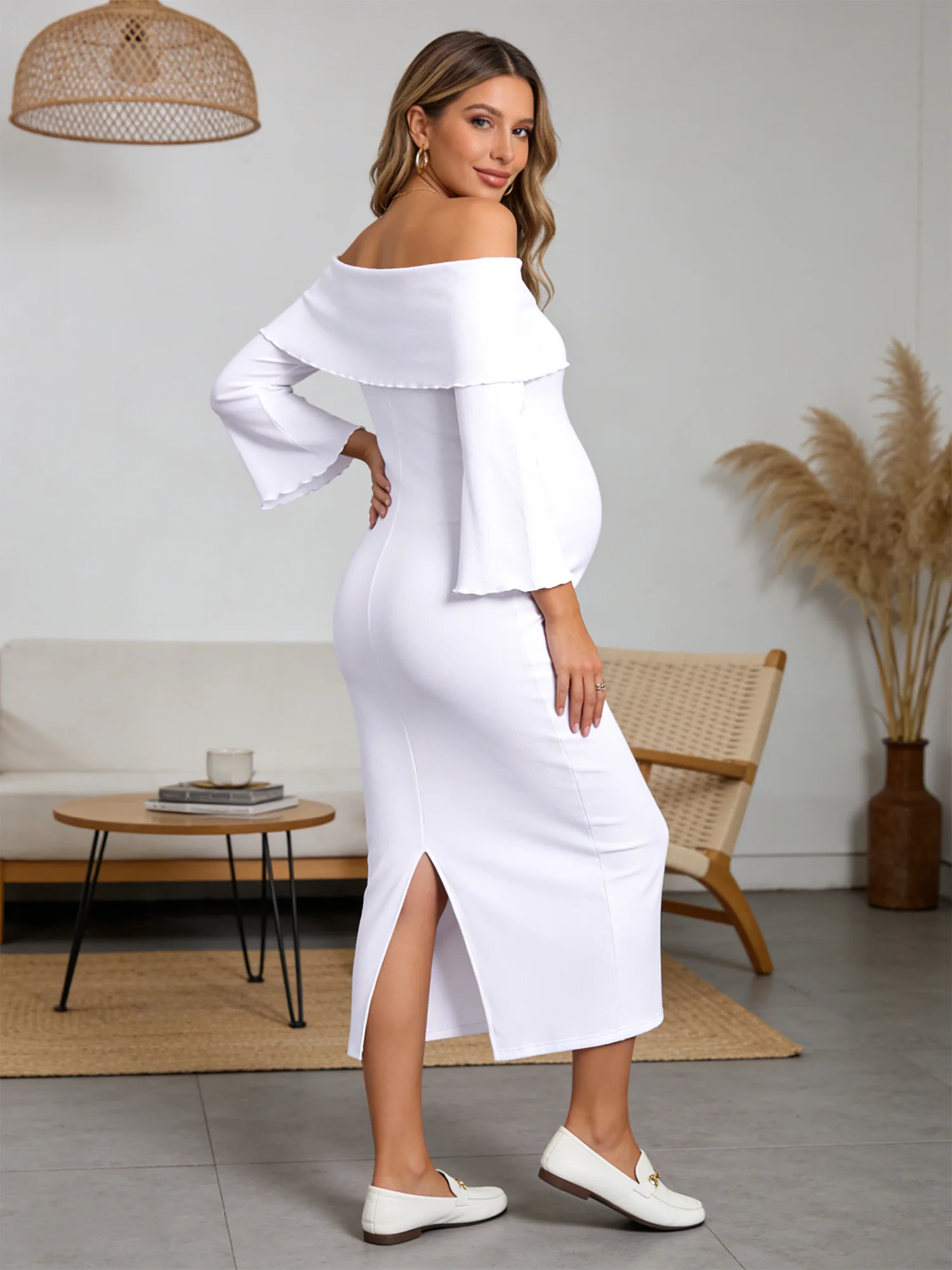 Vestido de fiesta premamá elegante hombros descubiertos largo - imagen 3