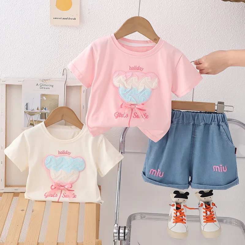 Nueva ropa de verano para bebés, conjunto de ropa para niñas, camiseta, pantalones cortos, 2 unids/set, disfraz informal de algodón para niños, chándales para niños - imagen 2