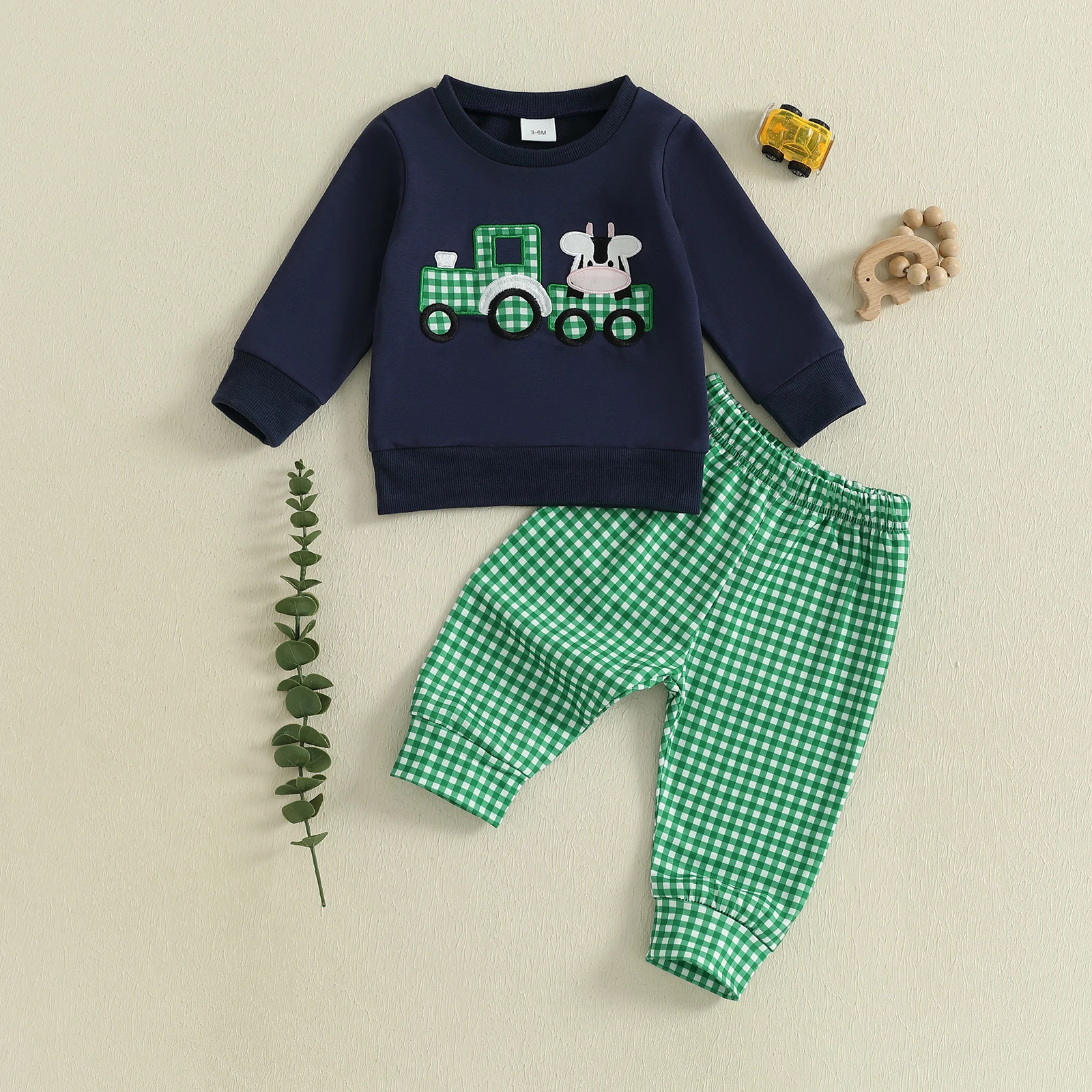 SUNSIOM-Conjunto de pantalones de otoño para bebés de 0 a 3 años, sudadera de vaca bordada con cuello redondo de manga larga y pantalones de chándal a cuadros, ropa infantil