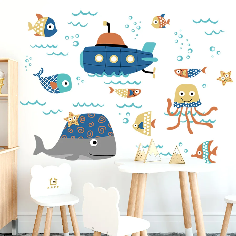 Adhesivos de pared autoadhesivos para submarinos de animales marinos, pegatinas decorativas impermeables para habitaciones y baños infantiles