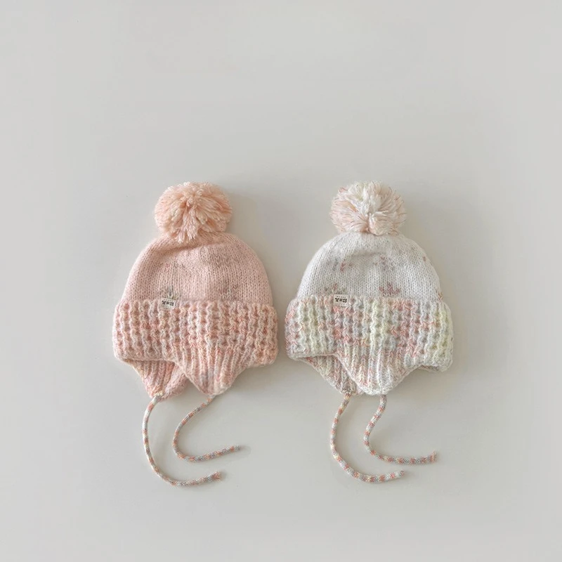 Gorro de invierno coreano para niños con pompón, gorro tejido a prueba de viento con orejeras para bebé, gorro cálido para medias de bebé para niñas pequeñas