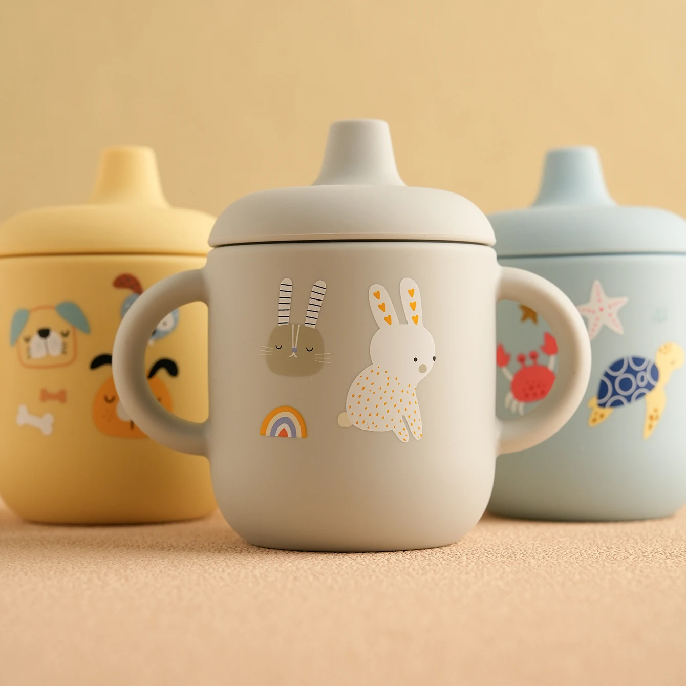 Taza de alimentación de bebé de silicona con dibujos animados, sin BPA, a prueba de fugas, taza de entrenamiento con asa, apto para viajes, apto para lavavajillas, 1 Uds.