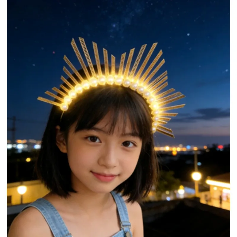 Diadema luminosa con halo de la Virgen María y perlas para Halloween - imagen 2