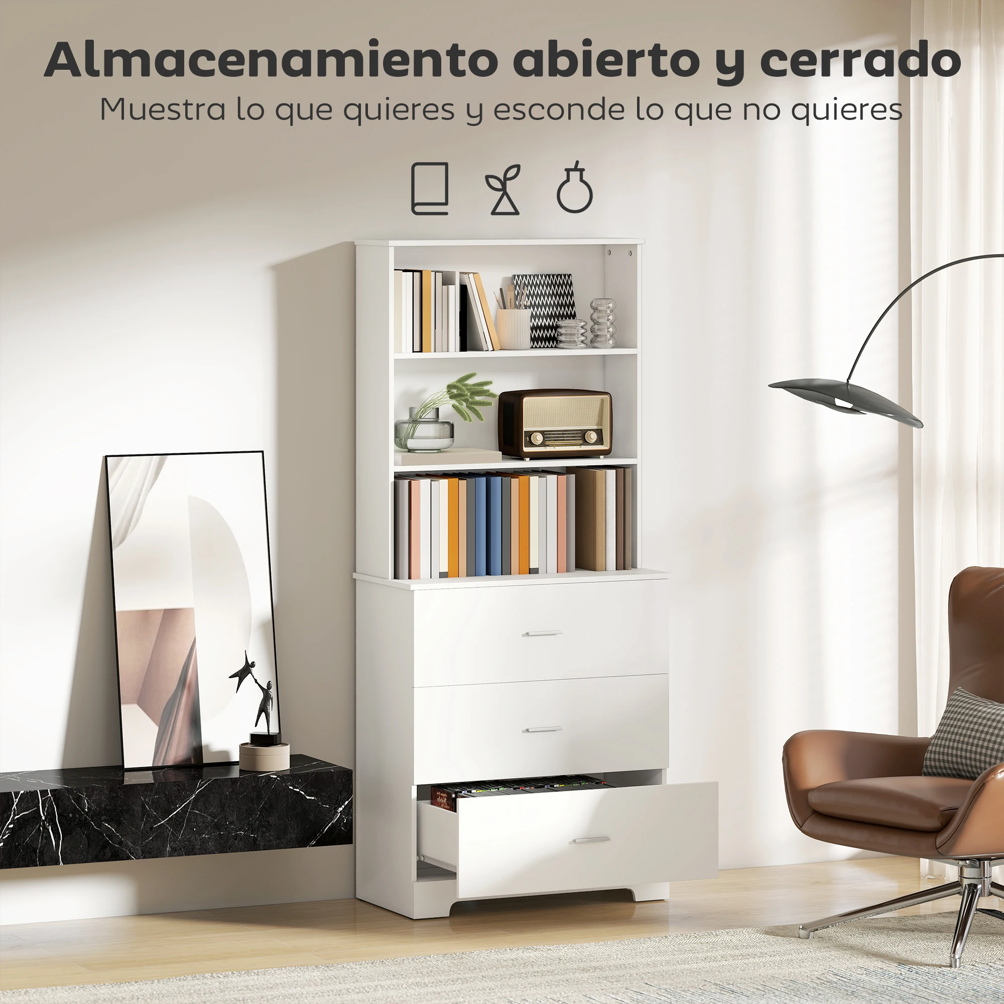 HOMCOM Estantería para Libros de 6 Niveles, Librería con 3 Cajones, 3 Estantes Abiertos, Armario Alto para Salón, Estudio, Oficina, 79x39,5x182,2 cm, Blanco - imagen 4