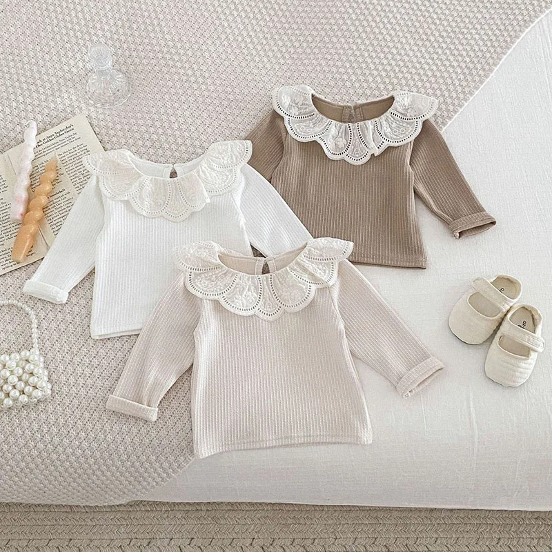 MILANCEL-Blusa de encaje con cuello de hoja de loto para bebé, camisa de manga larga para niña, camiseta Base para niño pequeño, 0 a 3 años, Otoño, 2024 - imagen 5