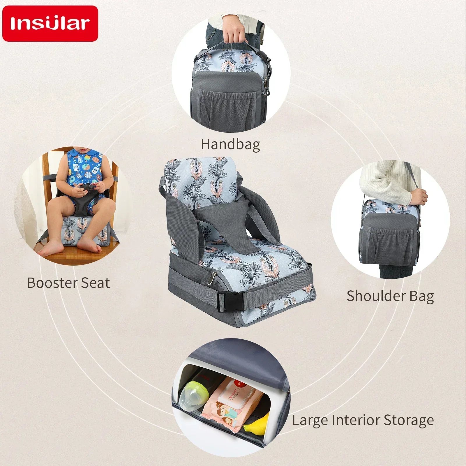 Asiento elevador portátil para bebé, bolsa de pañales, cojín práctico de viaje para niños pequeños, silla para niños, correas lavables, hebilla de seguridad multifuncional - imagen 3