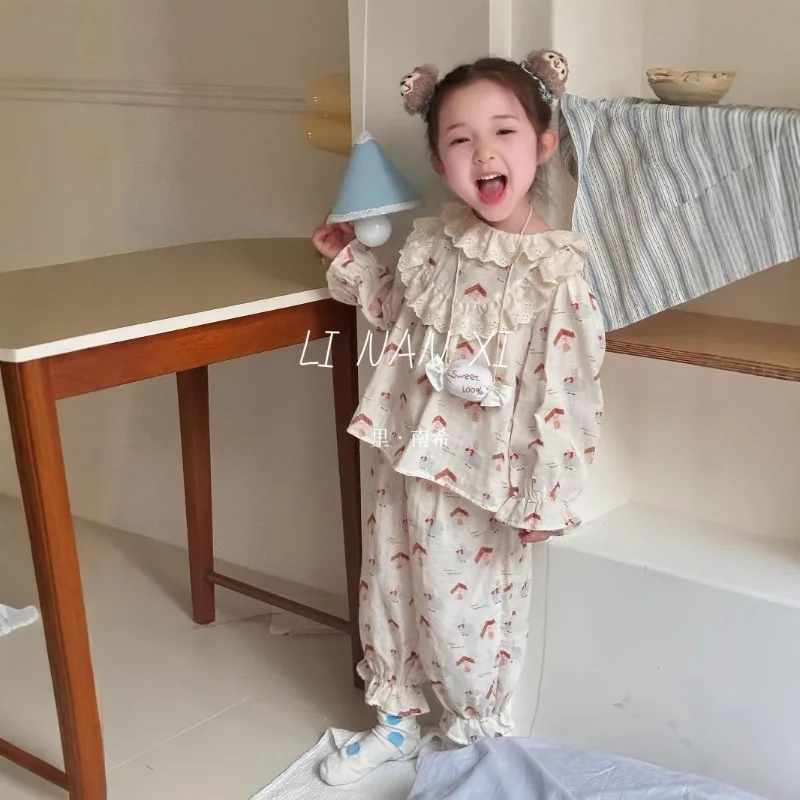 1 Juego de ropa de dormir dulce de dibujos animados para niña, pijamas Kawaii con volantes de oso y conejito para niños, pantalones de manga larga de algodón suave para primavera y verano - imagen 2