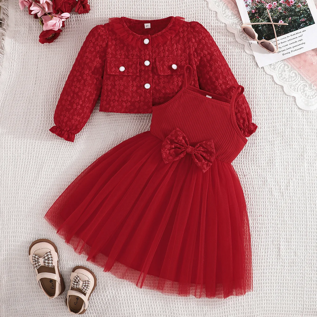 Conjunto de verano para niña con vestido princesa y blusa lazo