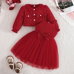 Ropa de primavera y verano para niña, ropa coreana para niño, Tops de manga larga con lazo bonito a la moda + vestido de princesa de malla, conjunto de dos piezas B034