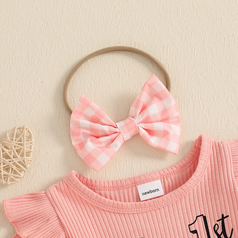 Conjuntos de pantalones cortos de verano para niñas recién nacidas, mameluco con estampado de letras, pantalones cortos con estampado de lazo y diadema - imagen 4