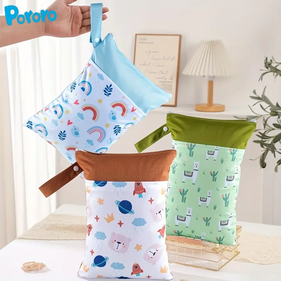 Pororo-bolsa de almacenamiento impermeable con dos bolsillos, separación en seco y húmedo, bolsa de almacenamiento de pañales para bebés, almacenamiento de viaje lavable de gran capacidad