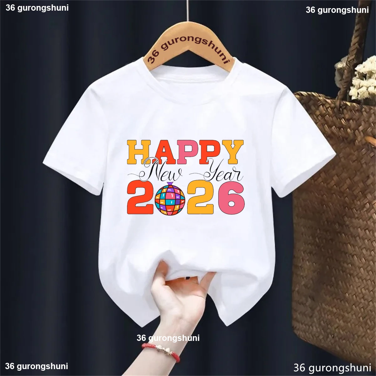 Camiseta con estampado de Feliz Año Nuevo de Hello 2026, trajes para niños y niñas, ropa para fiesta de vacaciones de invierno, camisetas de manga corta para niños - imagen 3