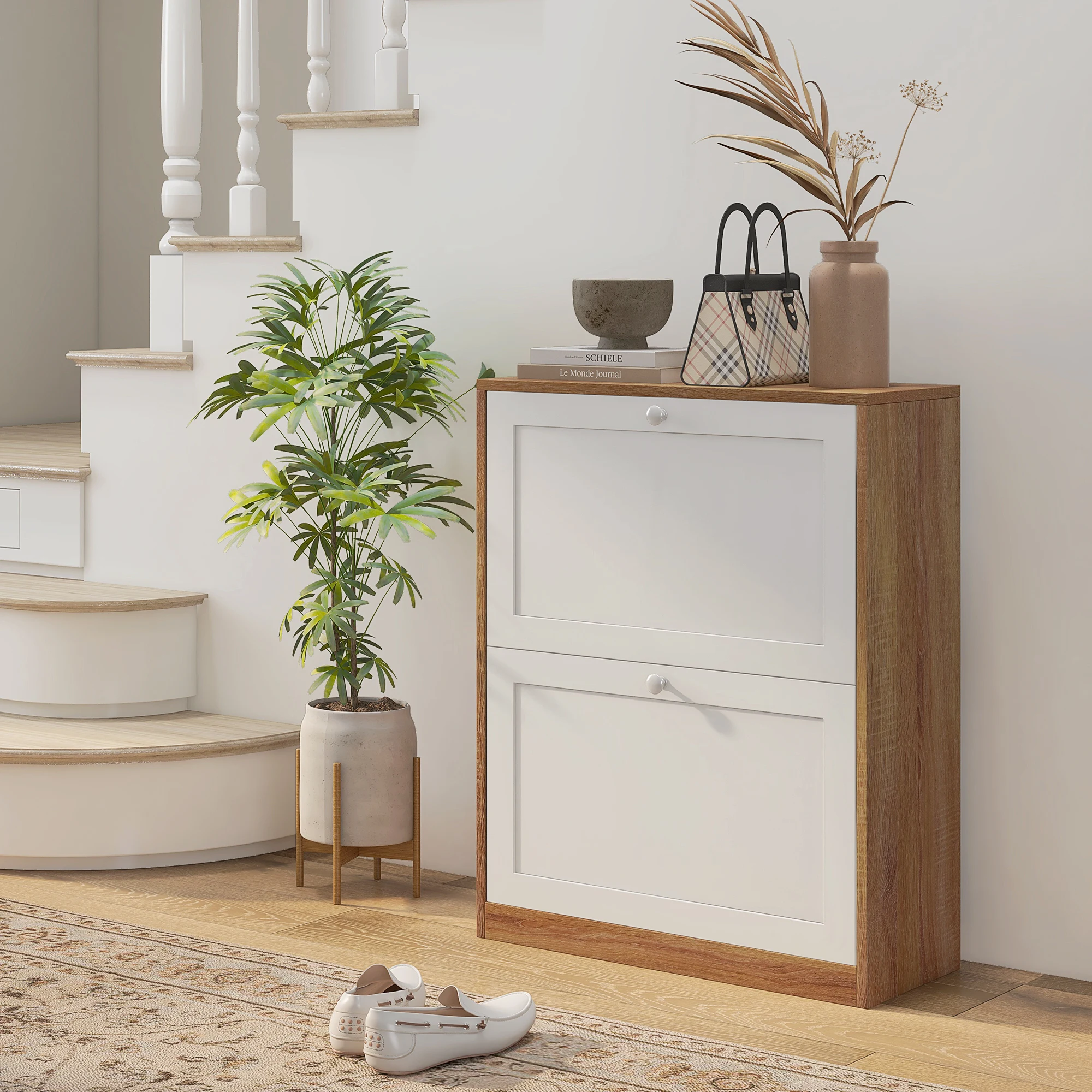 HOMCOM Zapatero Estrecho con 2 Puertas, Zapatero Entrada Recibidor con Estantes Ajustables, para 12 Pares de Zapatos, para Pasillo, Espacios Reducidos, 60x24,5x75,5 cm, Natural y Blanco