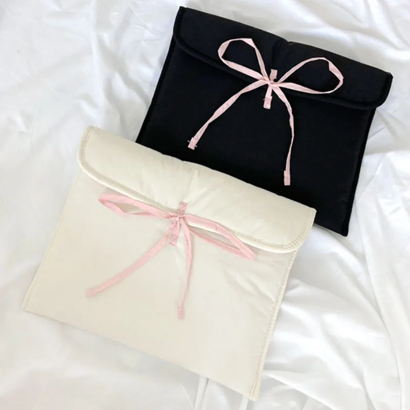 Bolsa de ordenador con nudo de lazo para mujer, bolso de almacenamiento de ordenador para tabletas con lazo negro y rosa, bolsa de almacenamiento de cosméticos de Ballet dulce coreano