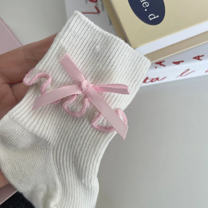 1 par de calcetines coreanos sencillos y bonitos para bebé, calcetines hasta la pantorrilla con lazo y volantes de Color sólido para niña, calcetines de algodón suave para primavera y otoño - imagen 4