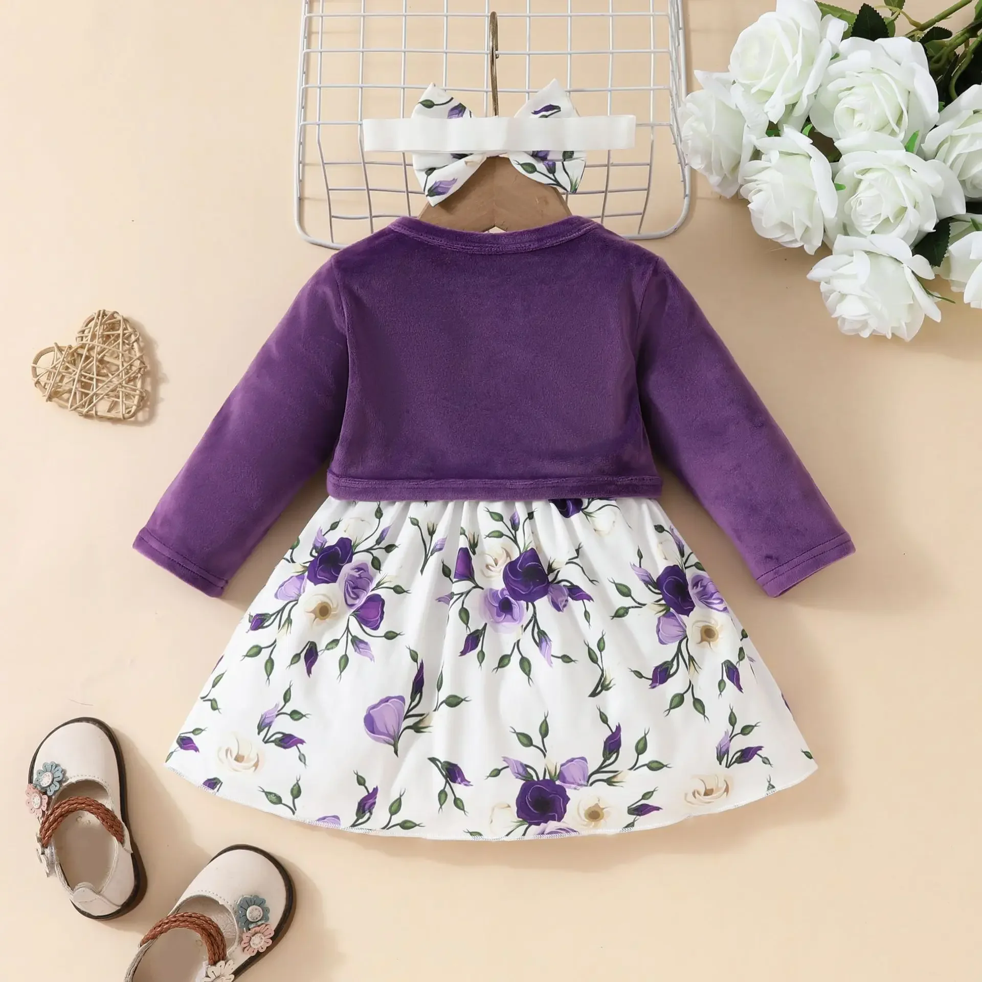 Vestidos de primavera y otoño para niñas, Tops de lana con bonito lazo y flores a la moda coreana + vestido de cumpleaños para niños pequeños, artículos para recién nacidos BC1405, 3 piezas - imagen 3