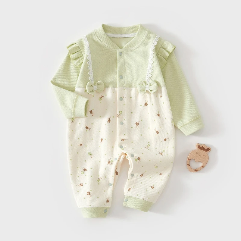Mameluco de algodón para bebé neutro de género para primavera y otoño con encaje y lazo exquisito Lindo mono con estampado floral para salir de Navidad
