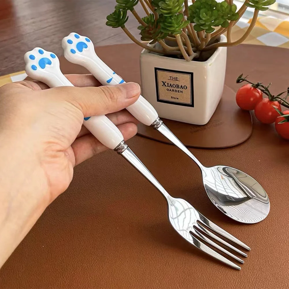 Juego de cuchara y tenedor de acero inoxidable con caja de almacenamiento, vajilla portátil con forma de pata de gato, Kit de vajilla para la escuela para adultos y niños - imagen 2
