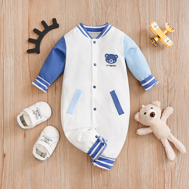 Mono pijama de bebé algodón manga larga estampado oso azul blanco