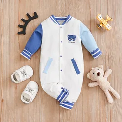 Mono pijama de bebé algodón manga larga estampado oso azul blanco