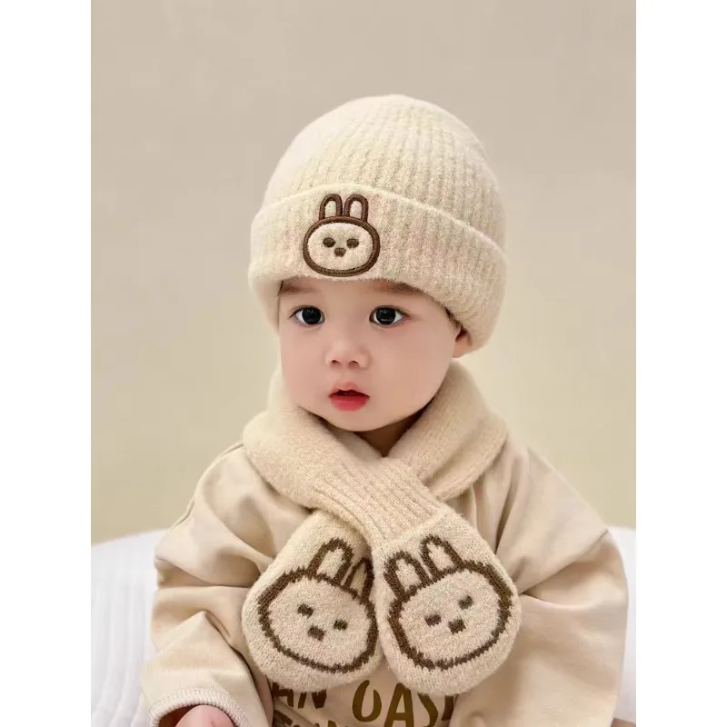 Lindo conjunto de gorro de estilo coreano para bebé de invierno: gorro y bufanda de punto de conejito unisex, gorros cálidos para clima frío para otoño e invierno. - imagen 5