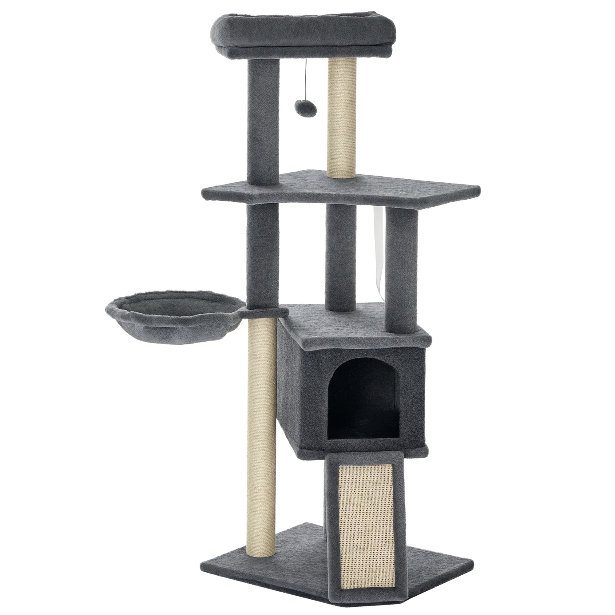 PawHut Árbol Rascador para Gatos, Árbol para Gatos 127 cm, Torre Escalador con Cueva, Hamaca, Cama, Plataformas, Rampa de Sisal, Bola Colgante, Gris