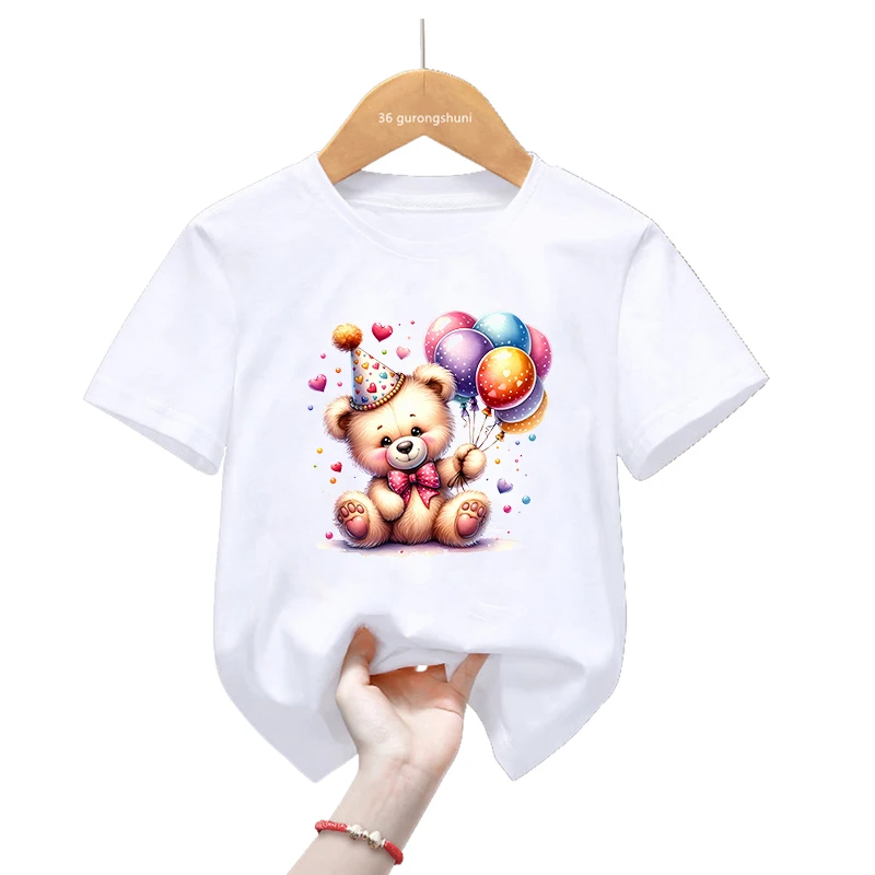Camiseta con estampado de dibujos animados de oso de cumpleaños para niños y niñas, ropa Kawaii para niños, camiseta blanca divertida, camiseta de manga corta de verano - imagen 4