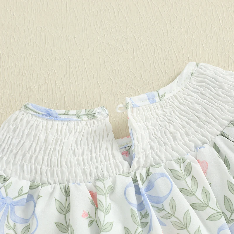 SUNSIOM Mameluco para niñas con mangas voladoras, cuello redondo, estampado de hojas y lazo, mono infantil, ropa de verano para uso diario informal - imagen 5