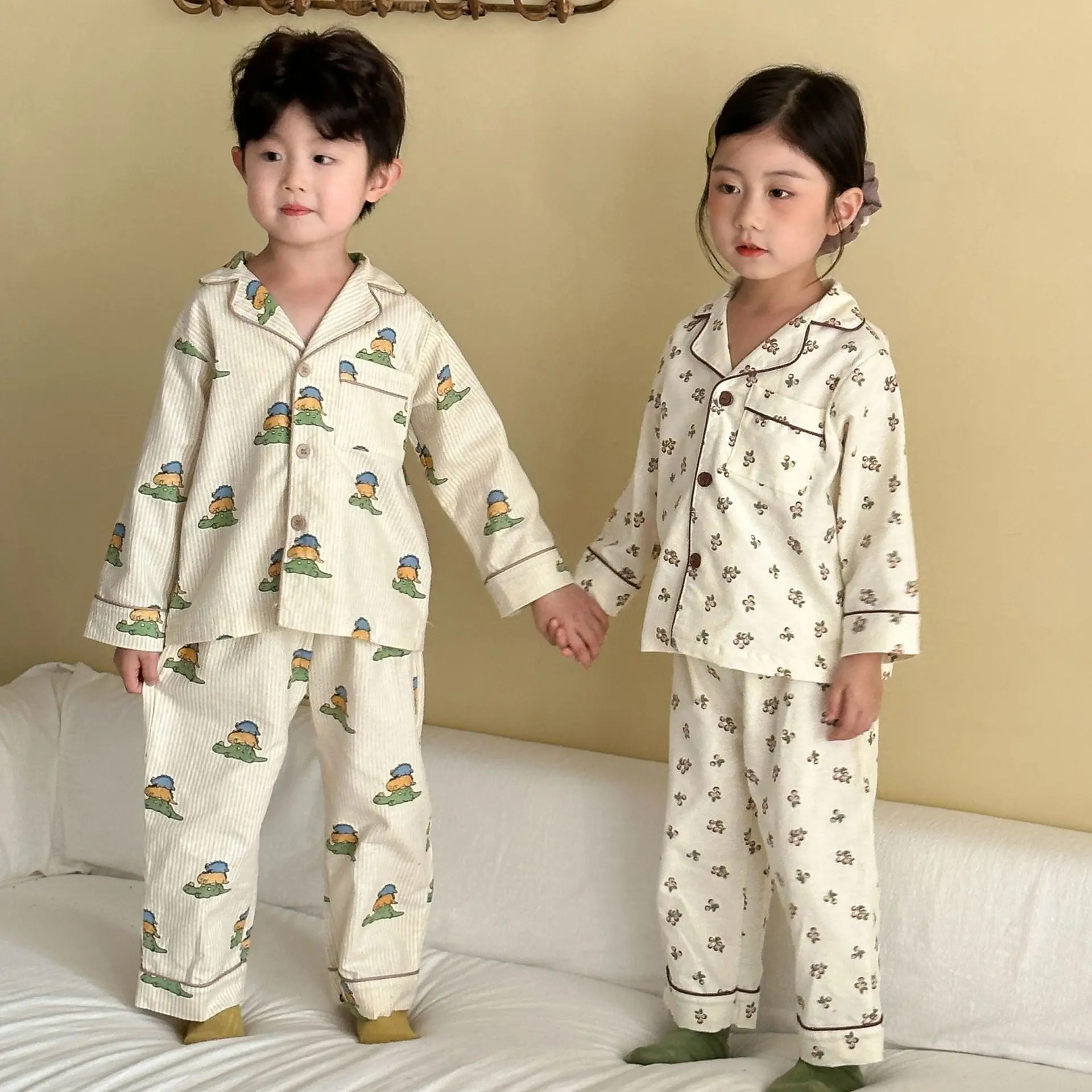Conjunto de pijamas de otoño para niños, pijamas de manga larga con cuello vuelto para niños y niñas, conjunto de traje para casa de algodón para niños - imagen 3